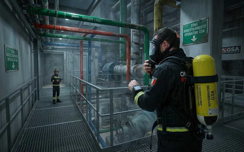 Operatore che indossa una maschera di autorespiratore